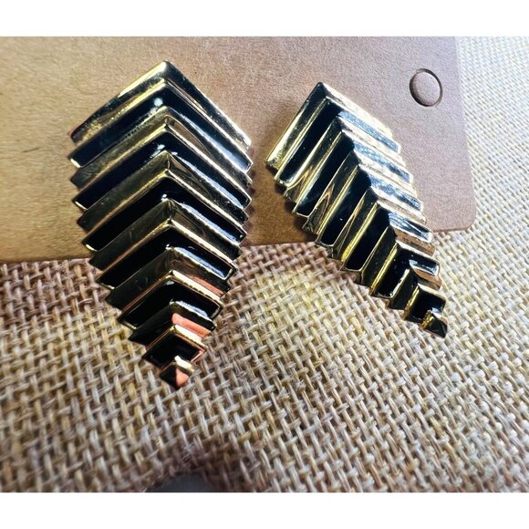 Vintage Monet Chevron Pierced Earrings - Gold & Black Enamel - Picture 1 of 6